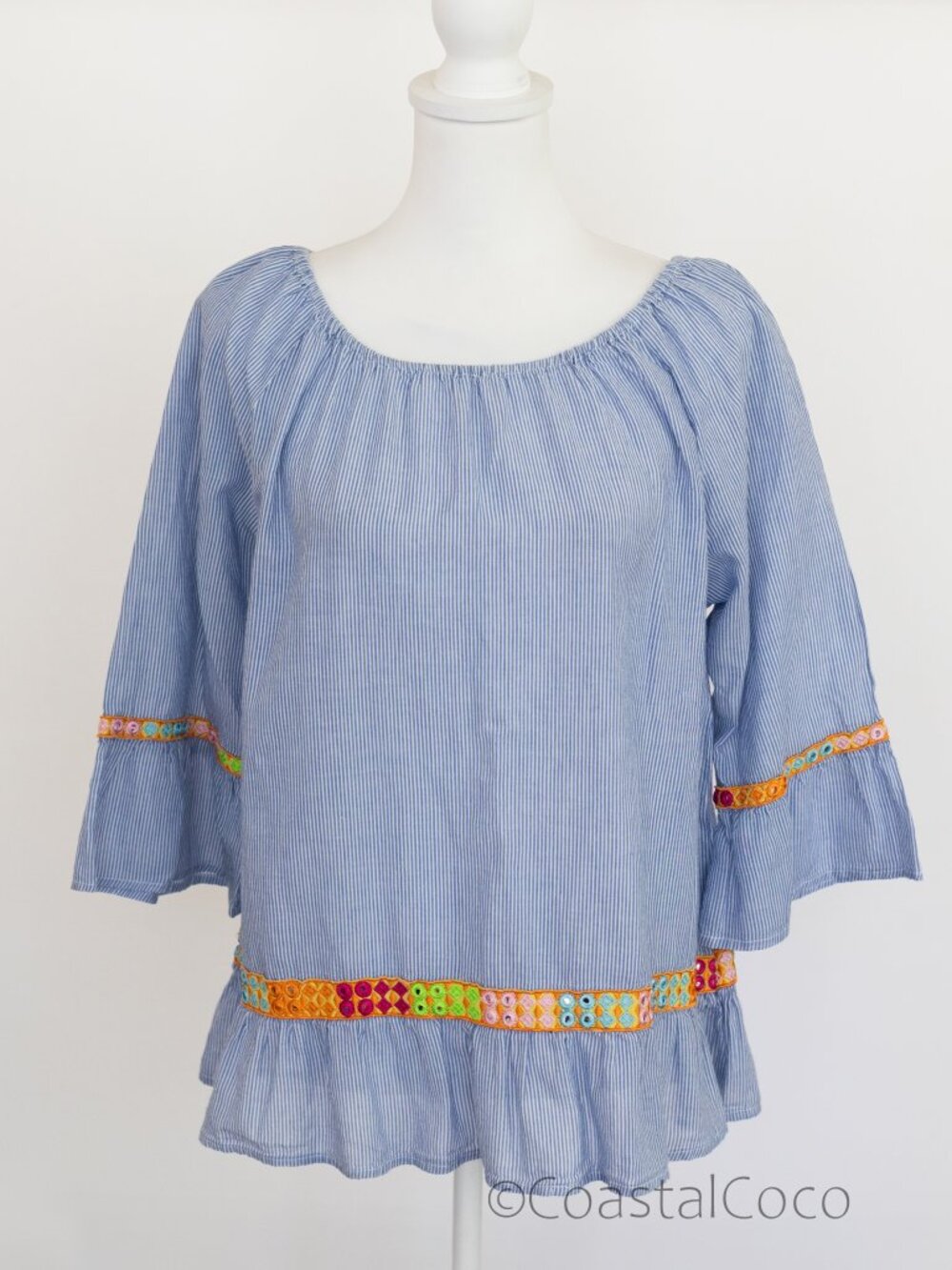 Kaktus Peasant Blouse XL Top 100% Cotton Boho Striped Embroidered Coastal